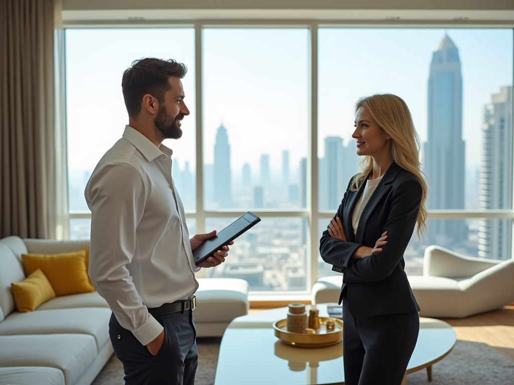 Two professionals in a discussion inside a modern office with cityscape view through large windows.