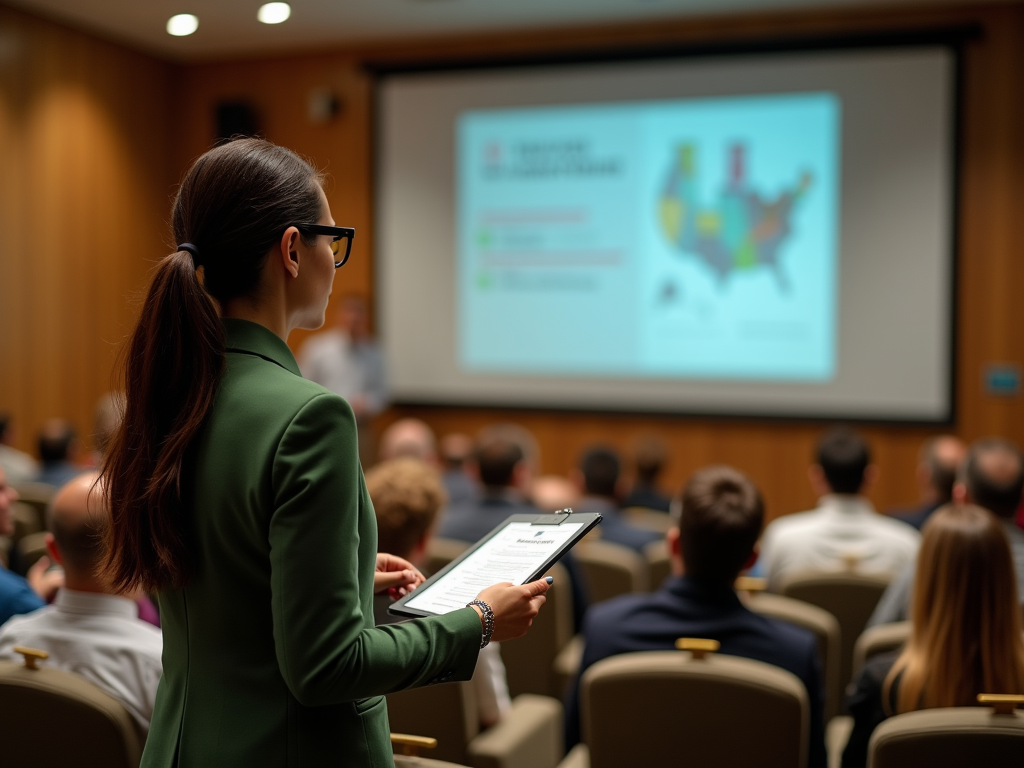 Woman in green blazer holding tablet at business conference with presenter and attendees in background.