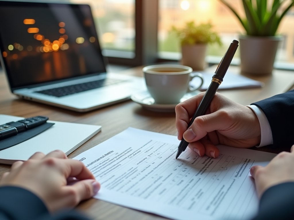 Businessperson signing a contract at a desk with a laptop and coffee cup in the background.