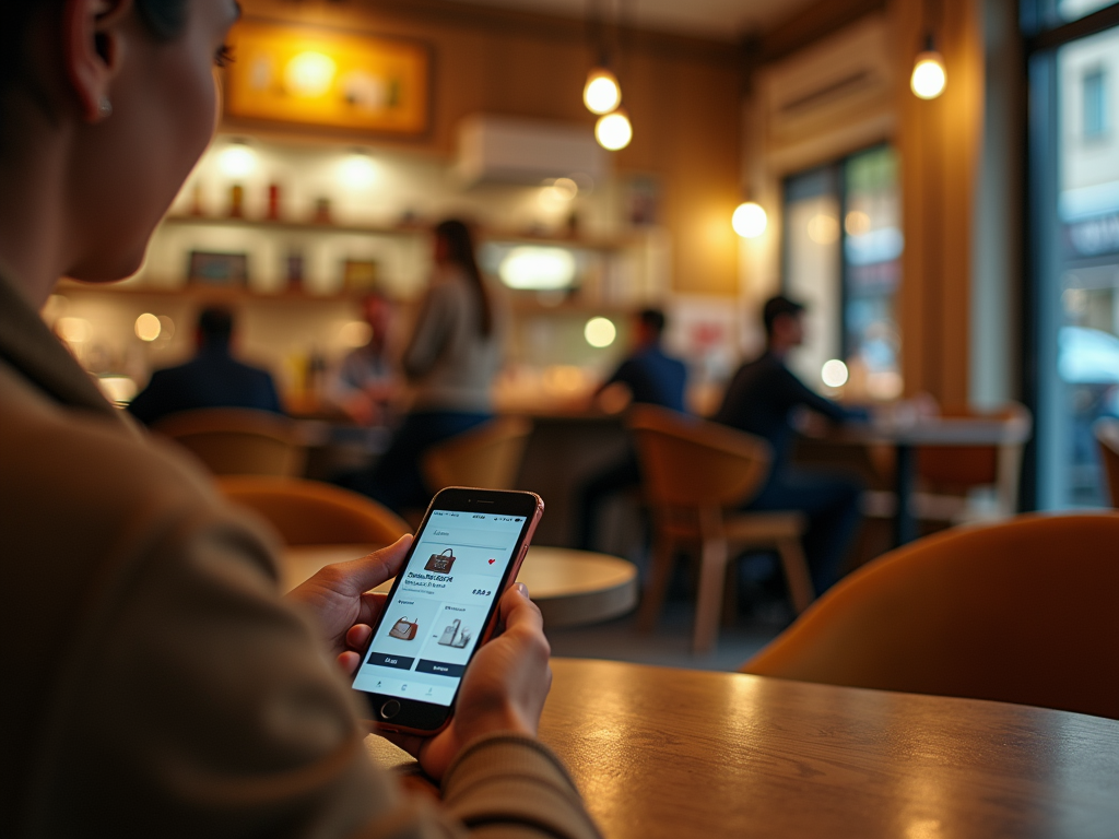 Woman using smartphone in a busy cafe, browsing an online shopping app.