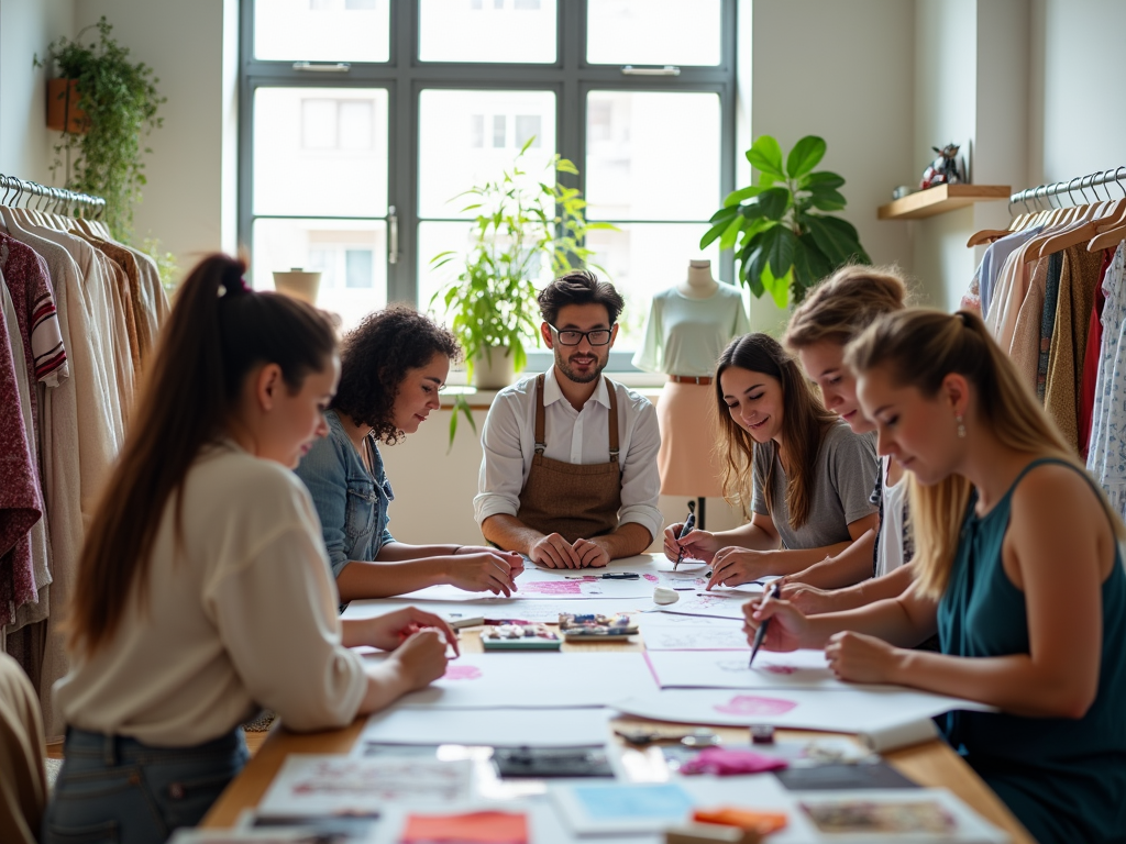 A diverse group of young adults collaboratively working around a table in a bright fashion design studio.