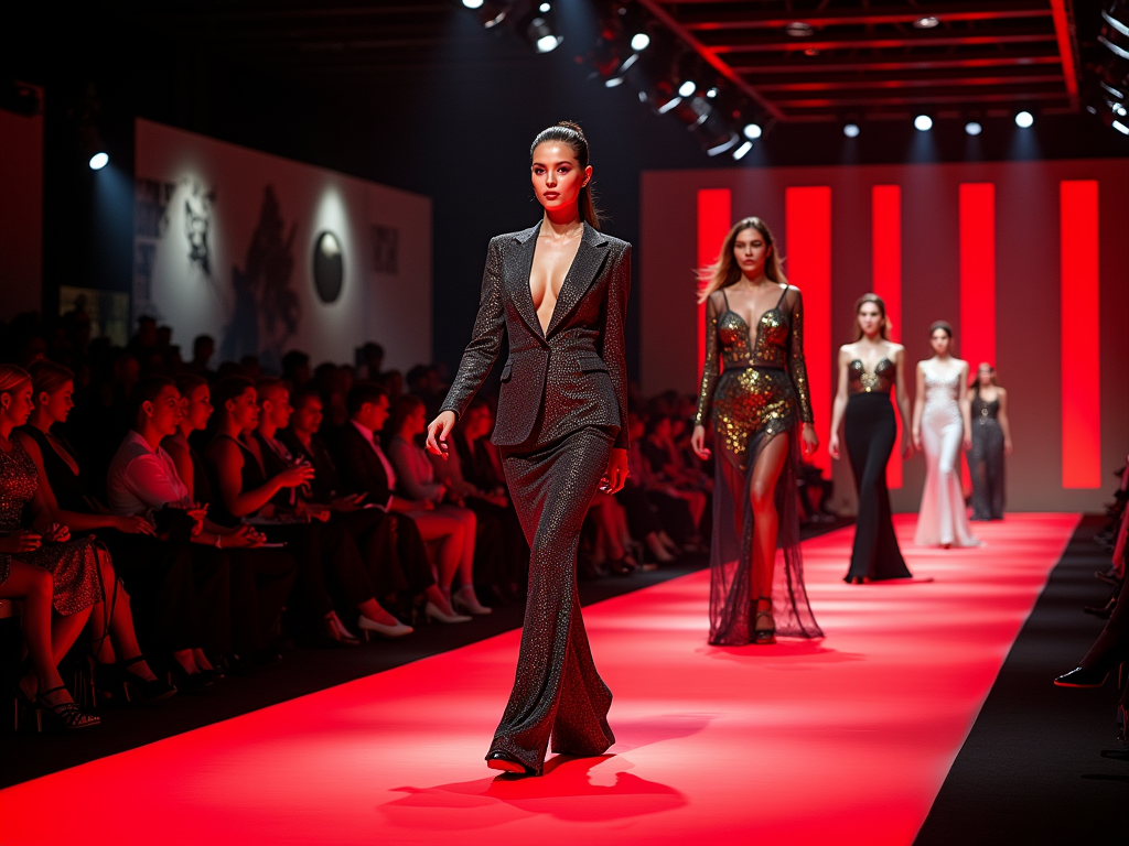 Fashion models walk the runway in glamorous outfits at a brightly lit fashion show.