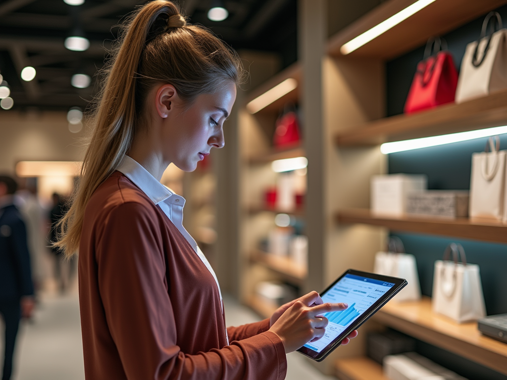 A woman with long hair uses a tablet in a boutique, analyzing data in front of stylish bags on shelves.