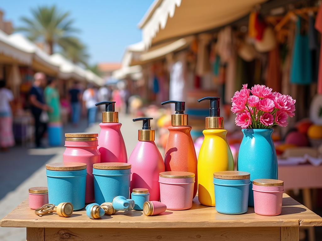 Brightly colored decorative containers and bottles in a market, featuring pink, blue, orange, and yellow designs.