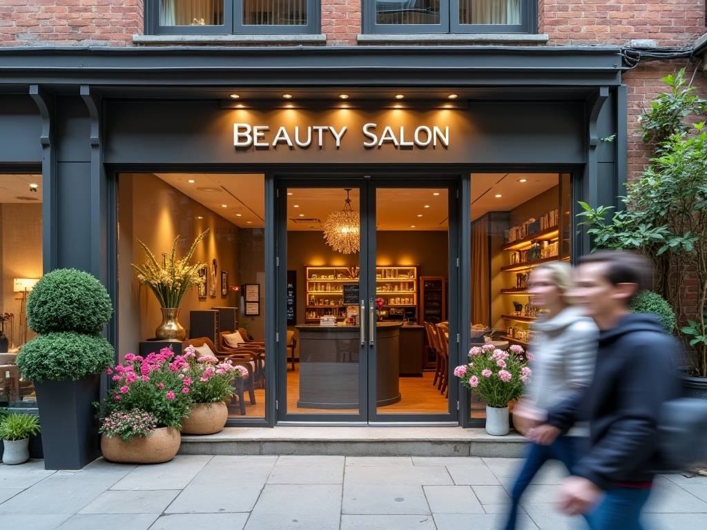 Exterior of a beauty salon with modern design, lit signage, and pedestrians walking by.