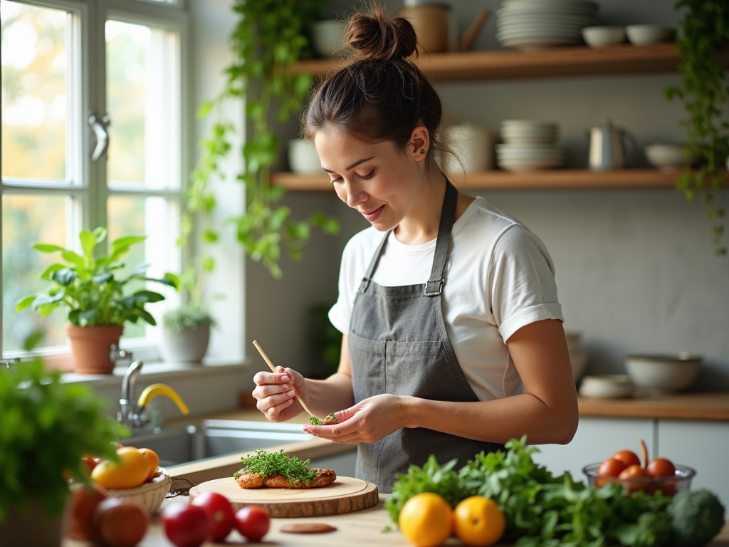 Woman garnishing food in a sunny kitchen with fresh vegetables around.