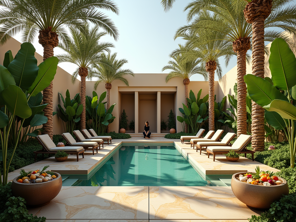 Woman meditating by a serene pool, surrounded by palm trees and lush greenery, in a luxurious garden setting.