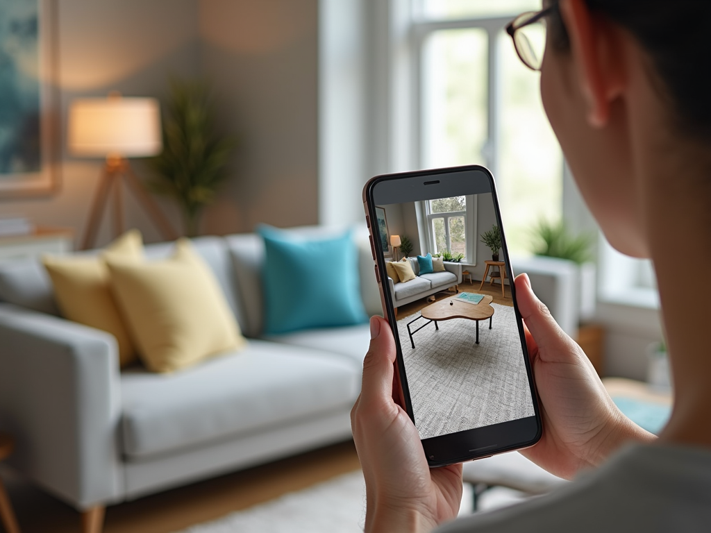 A person holds a smartphone, viewing a photo of a modern living room with a coffee table and decorative cushions.