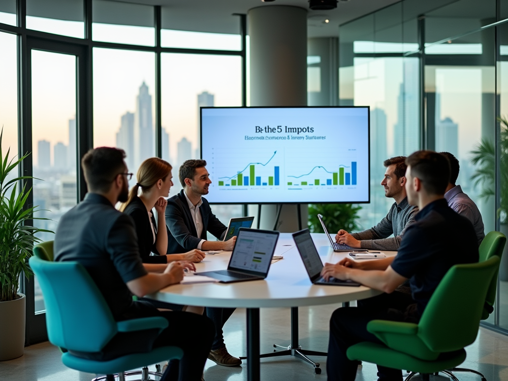 Business team analyzes data charts on a screen in a modern office with cityscape backdrop.