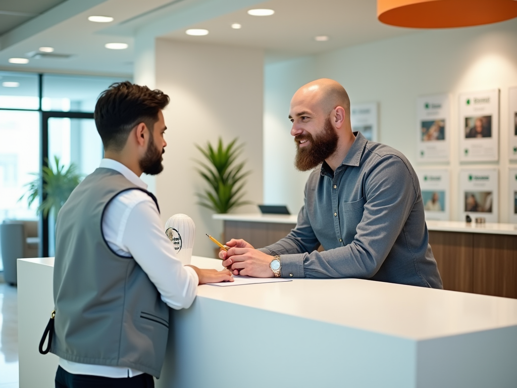 Two professional men engaging in a conversation at a modern reception desk.