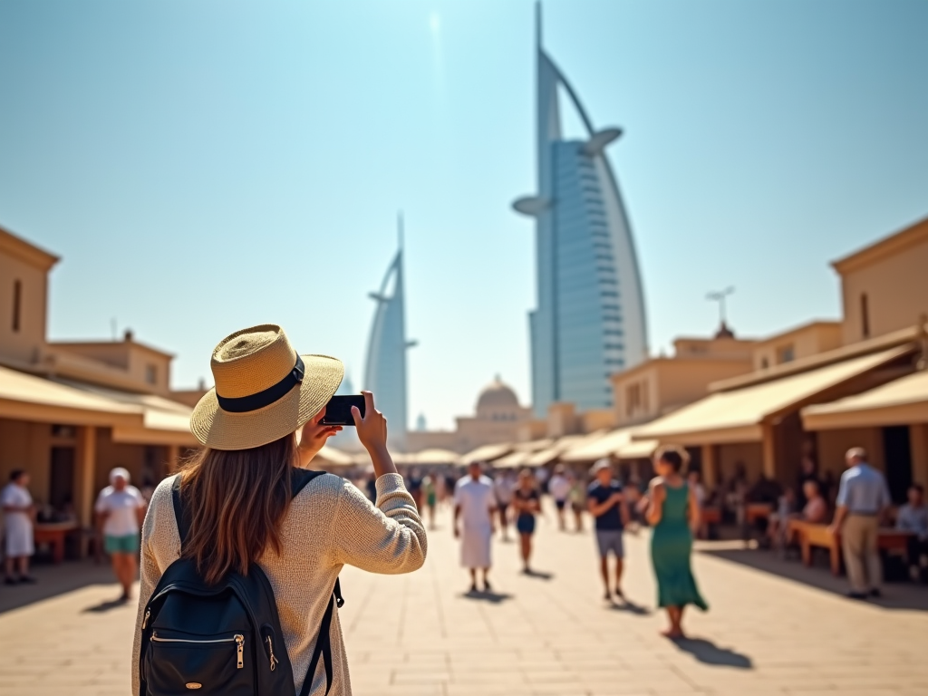 Woman in a straw hat taking a photo of Burj Al Arab, with bustling market street in the foreground.