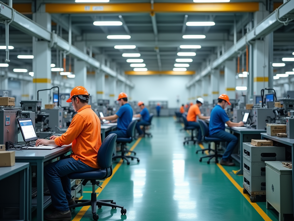 Workers in orange and blue shirts operating computers and machinery in a well-lit industrial plant.