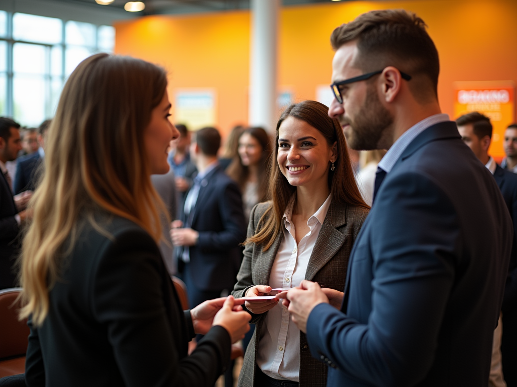 Three professionals exchanging business cards at a networking event in a busy conference hall.