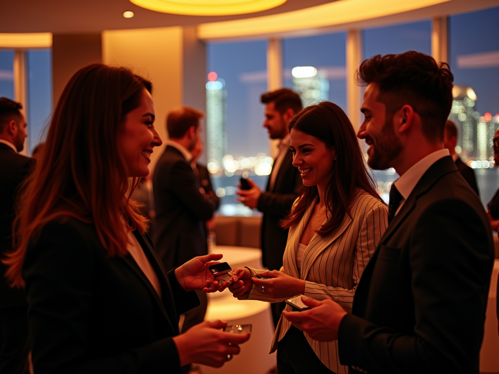 Business professionals networking and exchanging business cards at an evening event with city lights in the background.