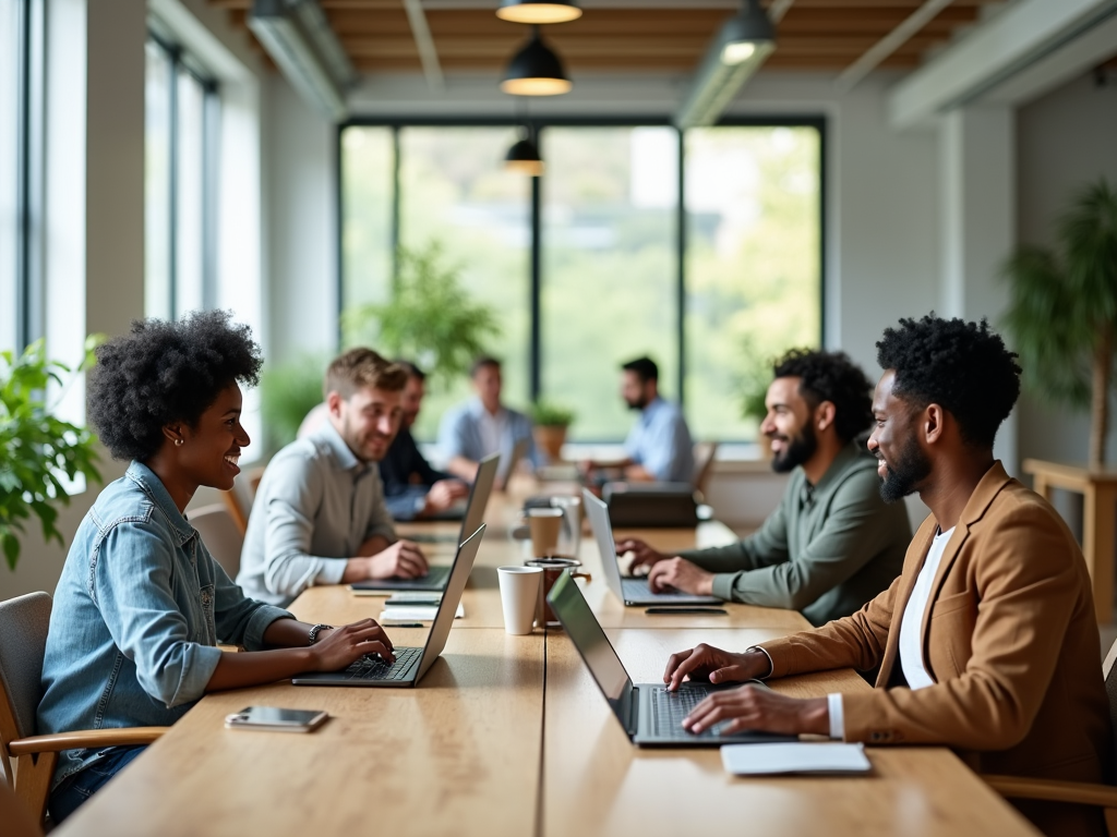 Diverse group of professionals working on laptops in a bright modern office space.