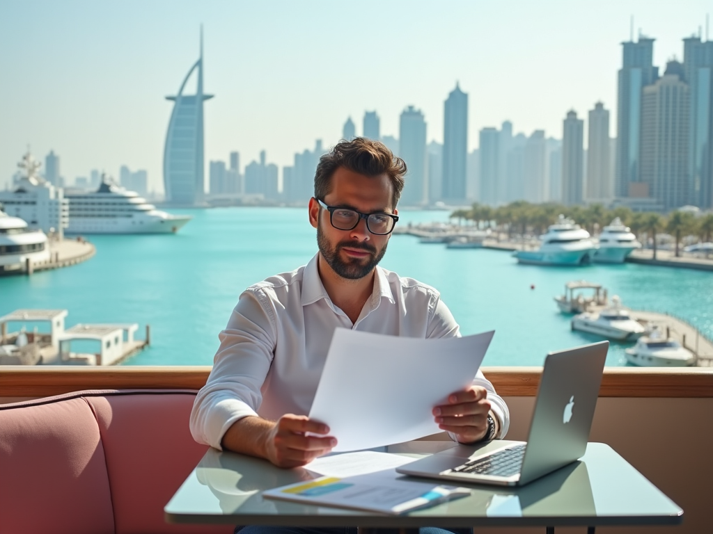 Man reviews documents at outdoor table with laptop, overlooking Dubai skyline and marina.