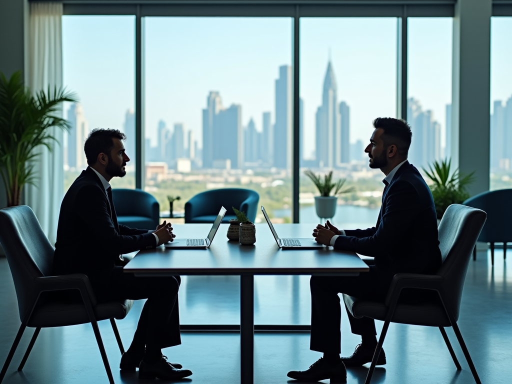 Two men in suits sit facing each other at a desk, with skyline views in a modern office.