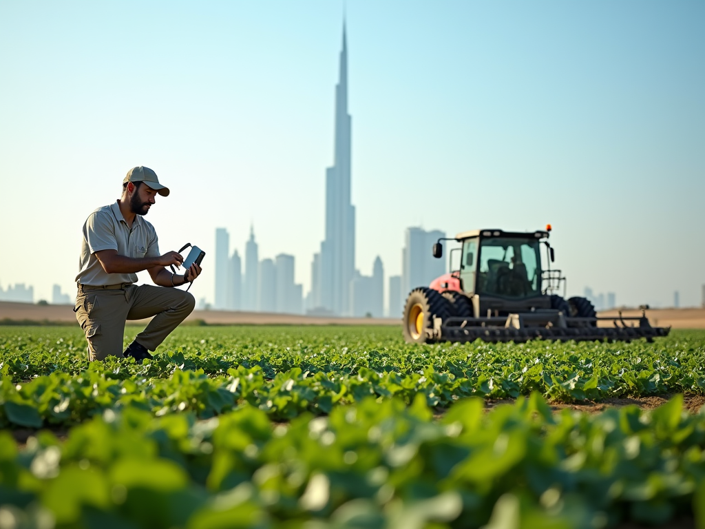 A man kneels in a field, using a device, with a tractor and skyscrapers in the background during sunset.