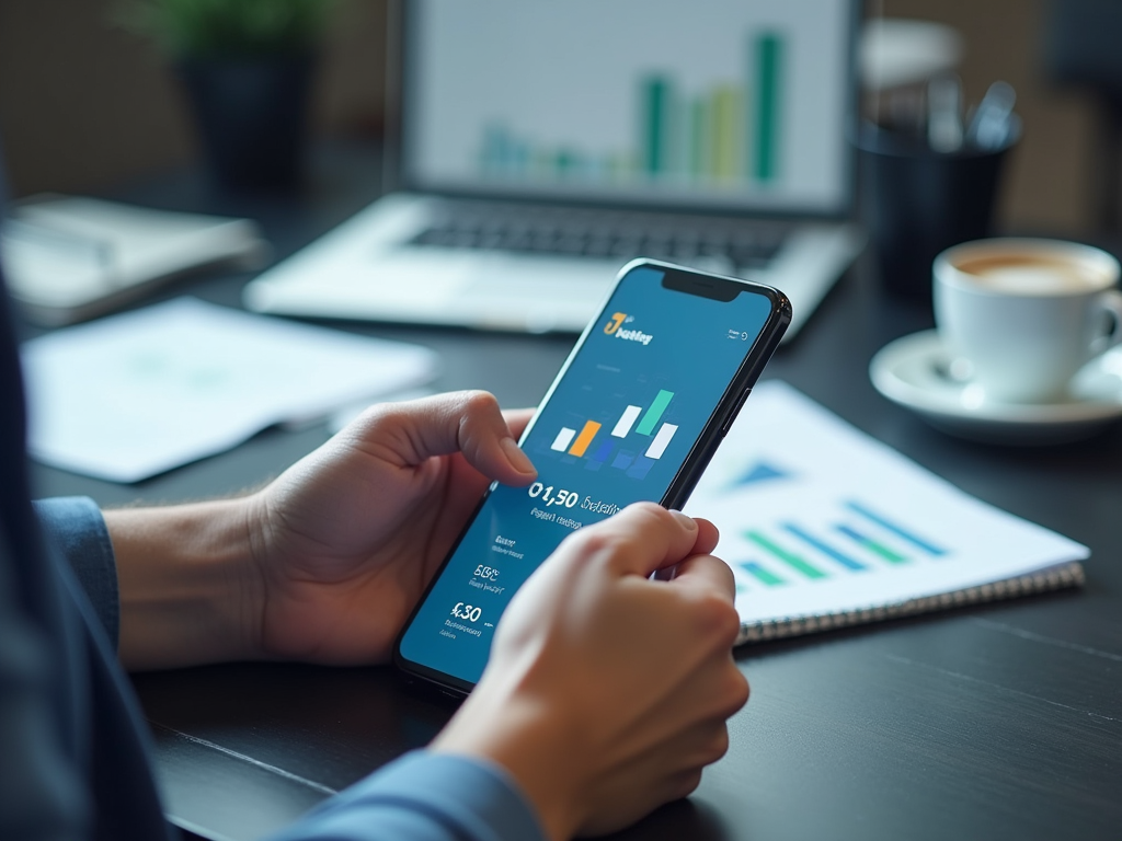 Businessperson checking financial data on smartphone app with laptop and coffee in background.