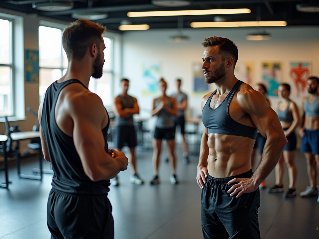 Two fit men in workout gear having a conversation in a gym, with a group of people in the background.