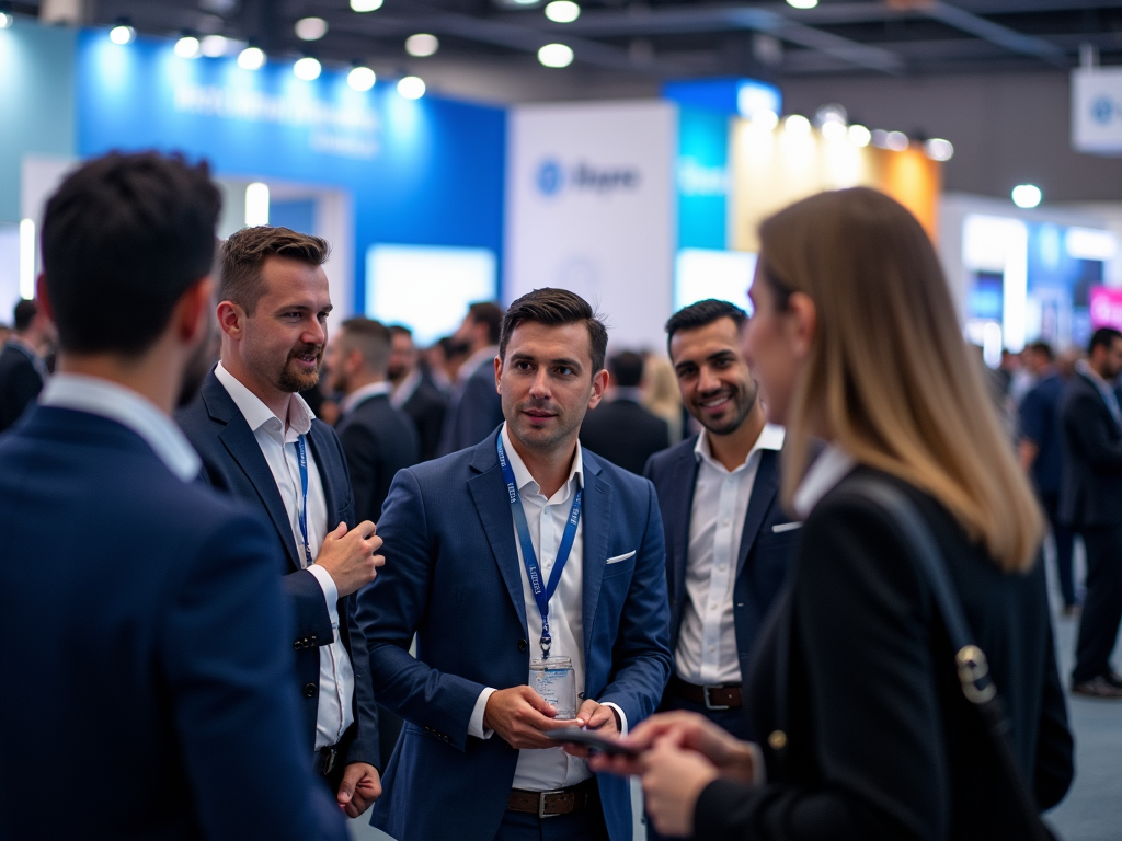 Group of professionals networking at a busy conference with company booths in background.