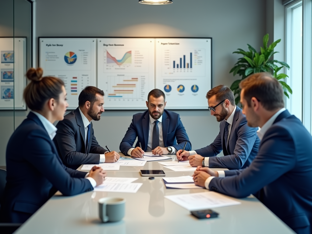 Business team in a meeting discussing documents in a boardroom with data charts on wall.