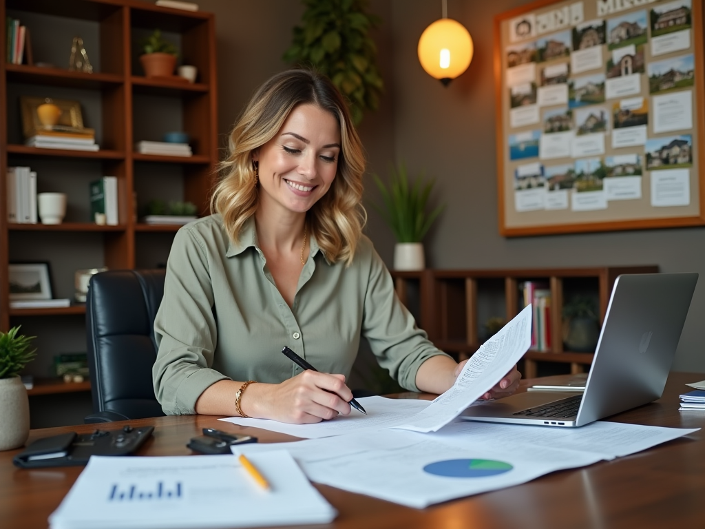 Smiling woman reviews documents at office desk with laptop and real estate board in background.