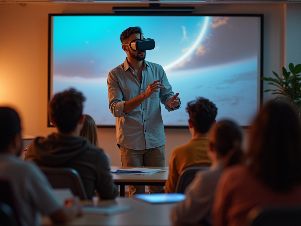 A person wearing a VR headset presents to an audience in a classroom with a large screen displaying a space scene.