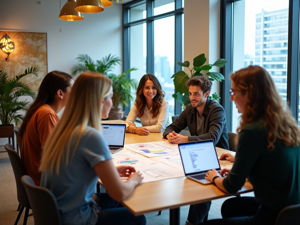 Group of five professionals in a meeting at a table with laptops and documents in a well-lit office.