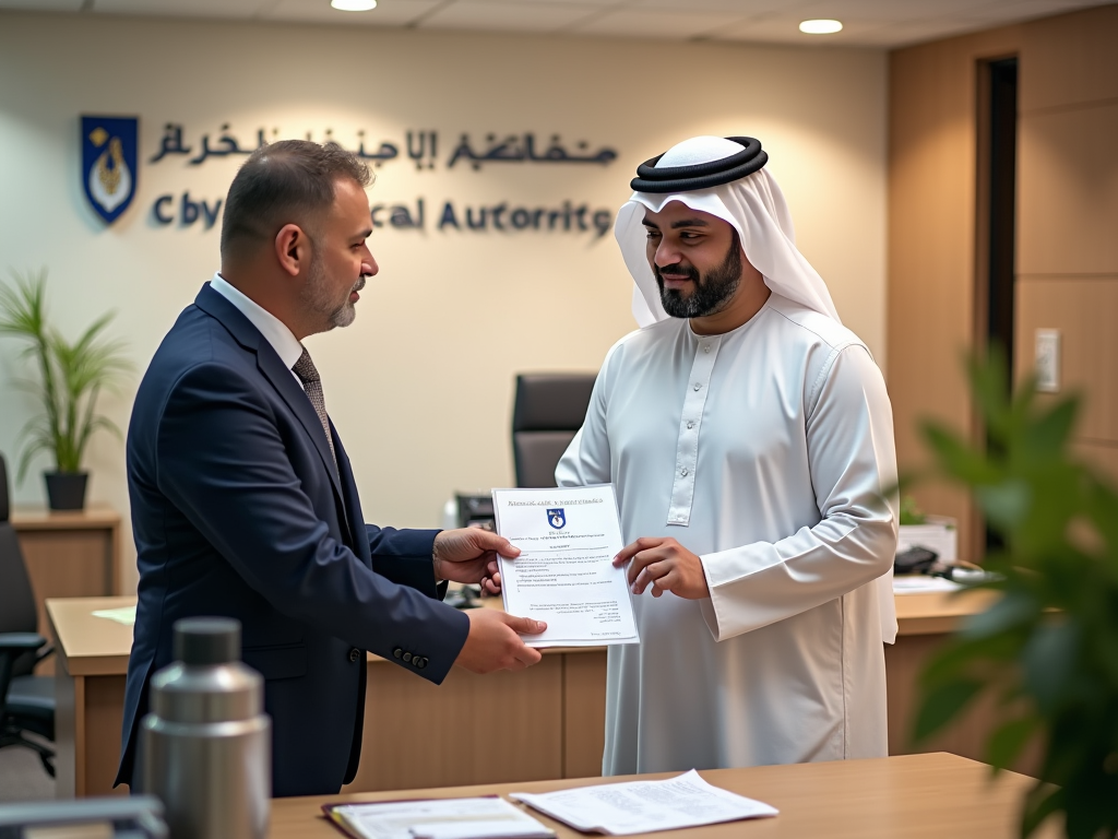 Two men in a modern office, exchanging a document, with one wearing traditional Emirati attire and the other in a suit.