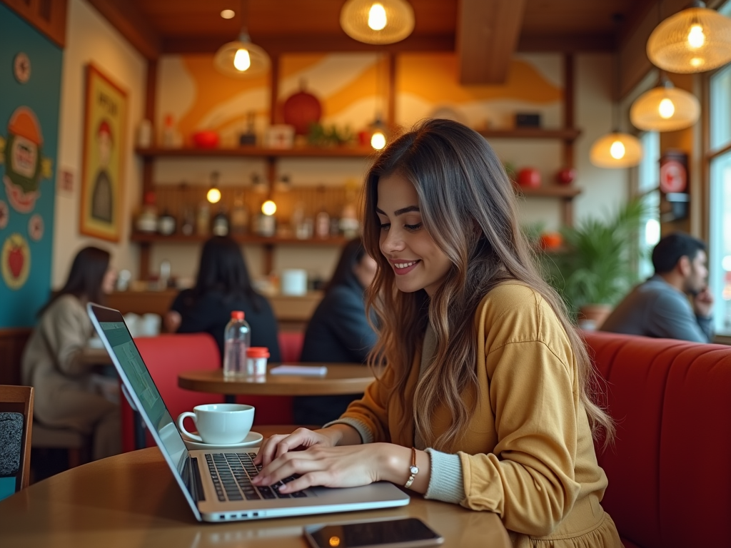 A young woman with long hair smiles while typing on a laptop in a cozy café, coffee cup beside her.