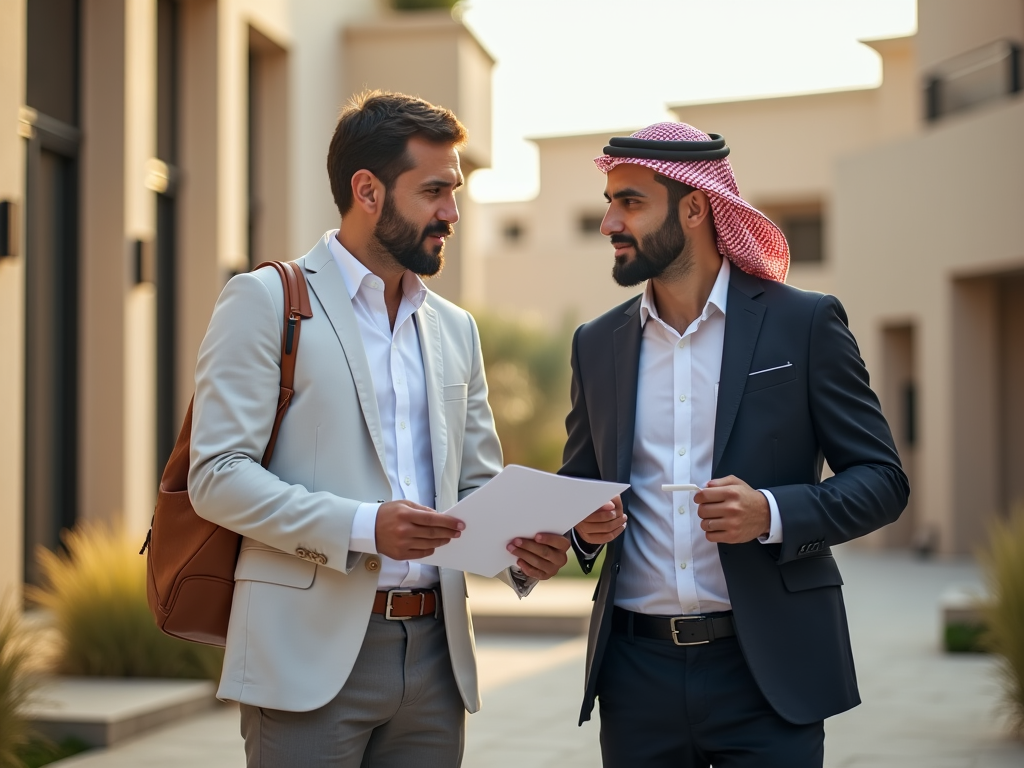 Two businessmen, one in traditional Arabic attire, discussing a document in an urban setting.