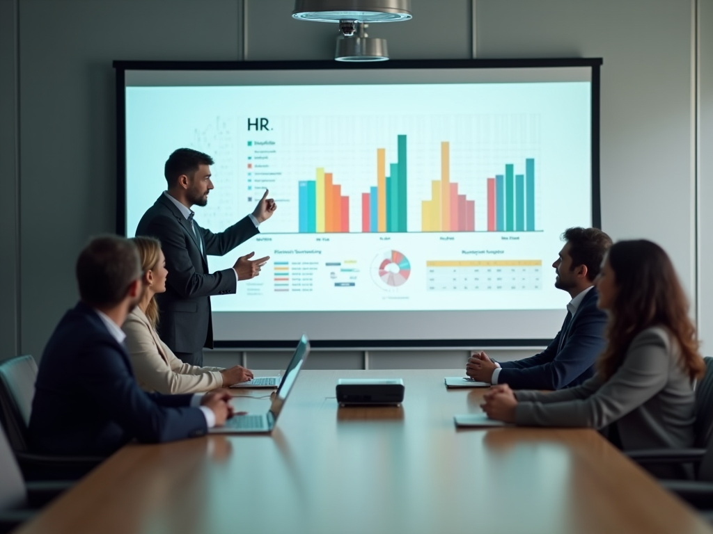 Man presenting HR data on screen to attentive colleagues in a meeting room.