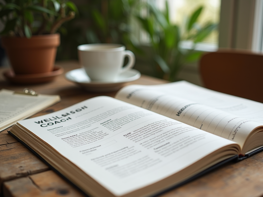 An open book titled "WELLNESS COACH" on a wooden table next to a coffee cup and a plant. Clipboard with notes visible.