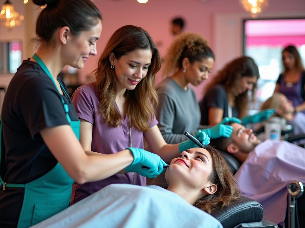 Aesthetician applying treatment on woman in a busy beauty salon.