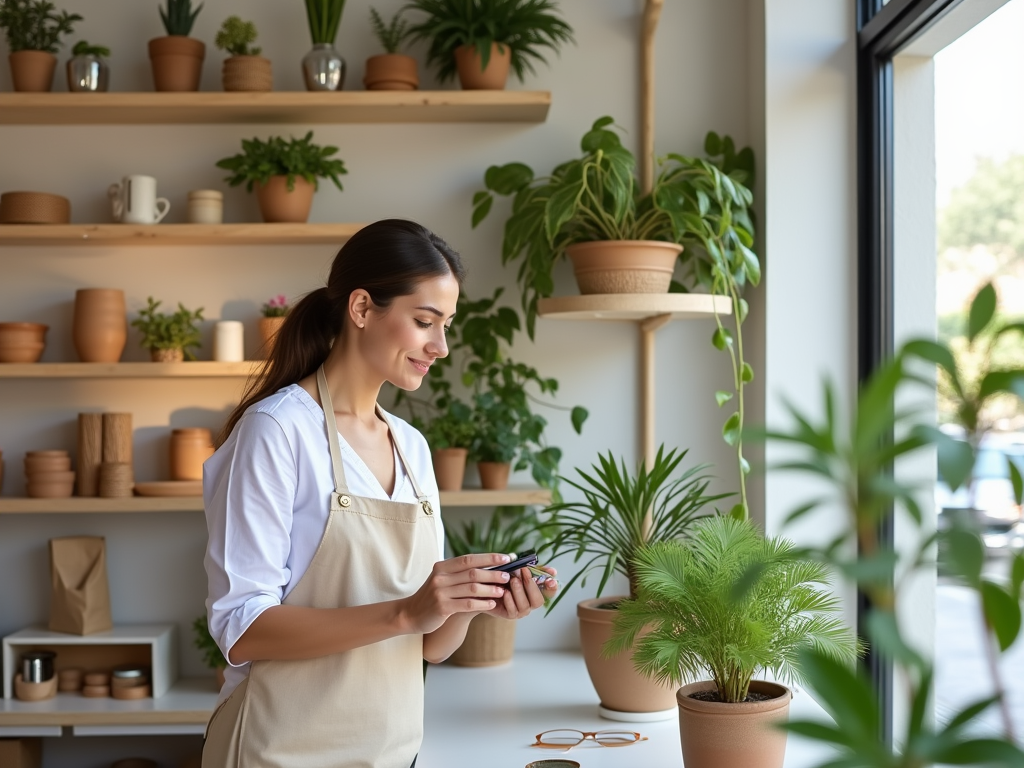 A woman in a light apron checks her phone while standing by a table filled with potted plants and shelves.