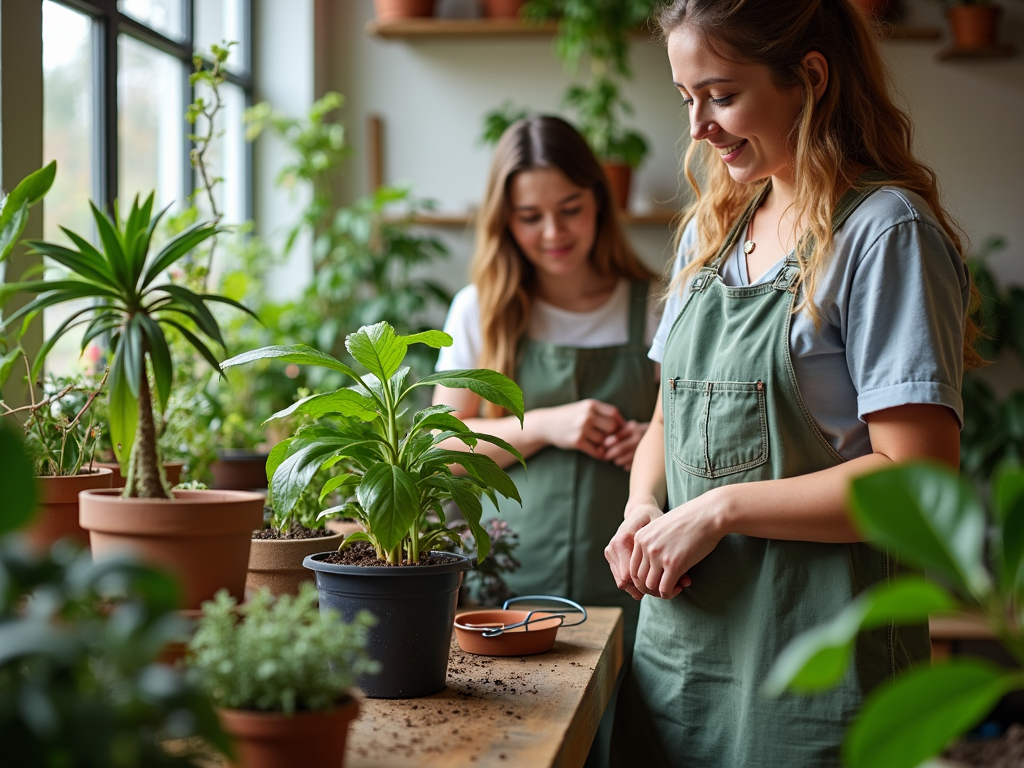 Two young women in aprons work together with potted plants on a wooden table in a bright and green indoor garden.