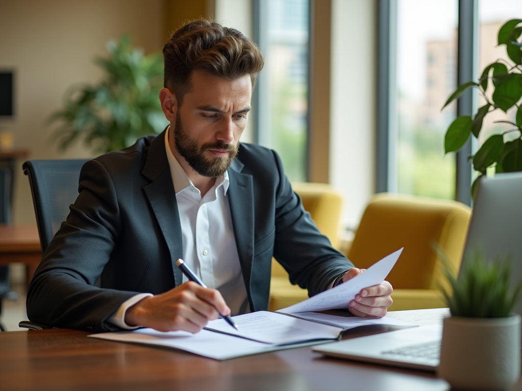 Concentrated businessman reviewing documents at his desk in a modern office.