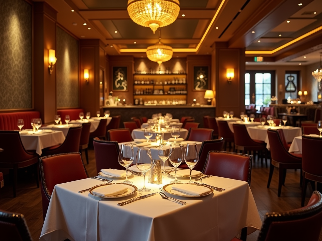 Elegant dining room with tables set with white cloths, glasses, and chandeliers.