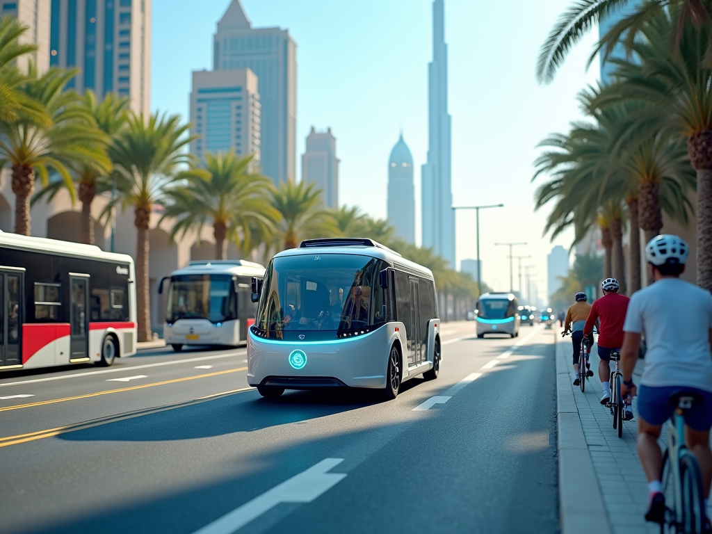 Modern buses and cyclists on a sunny city street lined with palm trees and skyscrapers in the background.