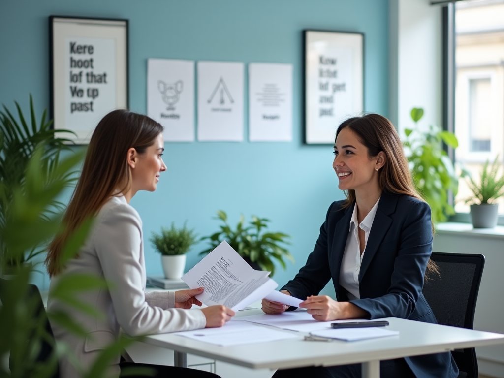 Two women discussing documents at a table in a modern office setting.