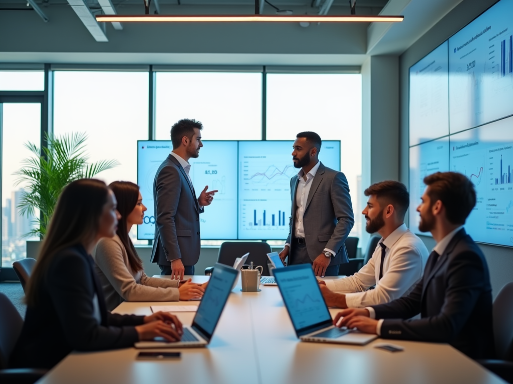 Business professionals discussing data on screen in modern office meeting room.