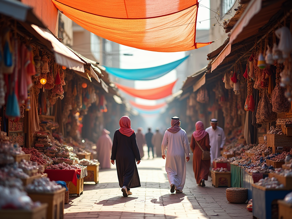 People stroll in a vibrant market under colorful canopies, surrounded by traditional goods.