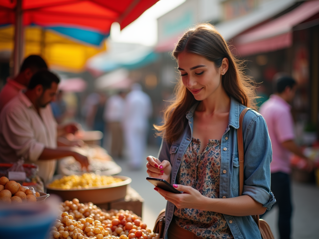 A woman smiles while using her phone at a vibrant market filled with colorful fruits and vendors.